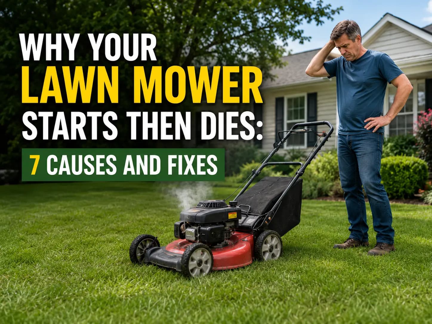 Homeowner beside a lawn mower that will not keep running