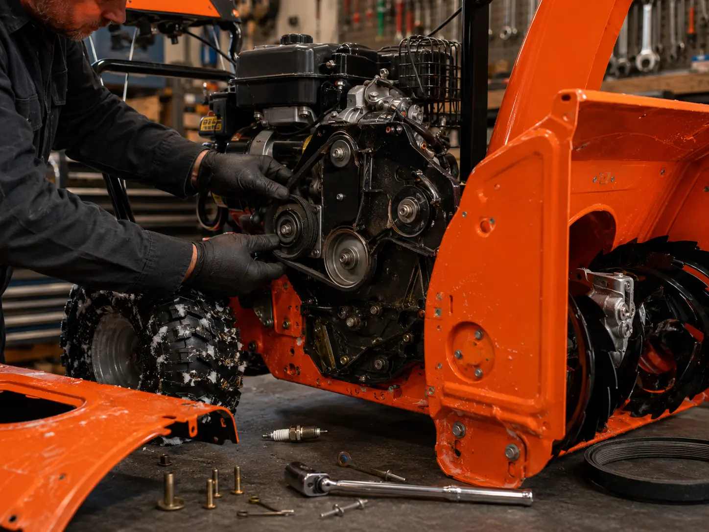 Technician's gloved hands inspecting drive belt and pulleys on disassembled Ariens snowblower