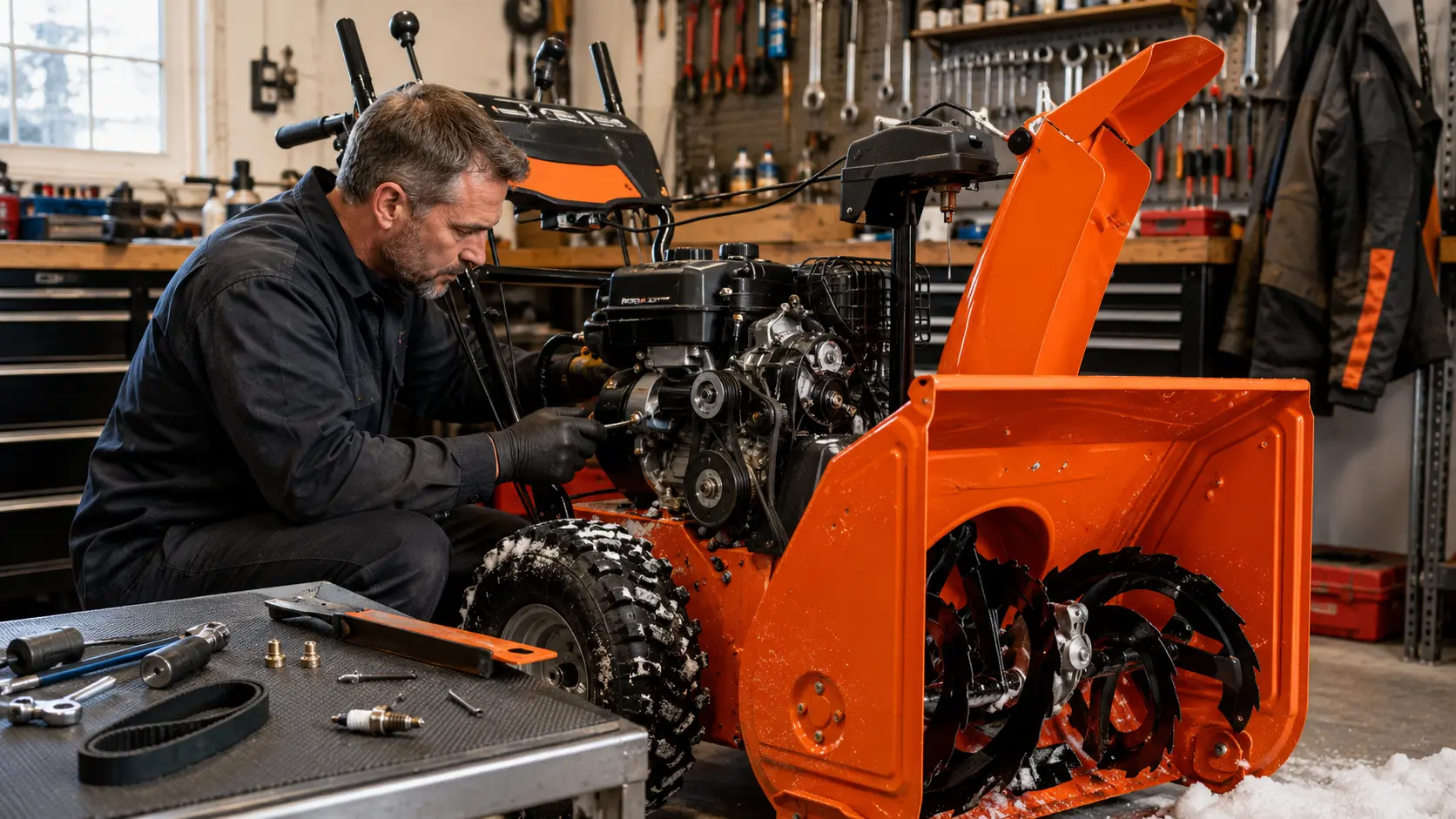Technician servicing Ariens snowblower engine with drive belt and spark plugs laid out nearby