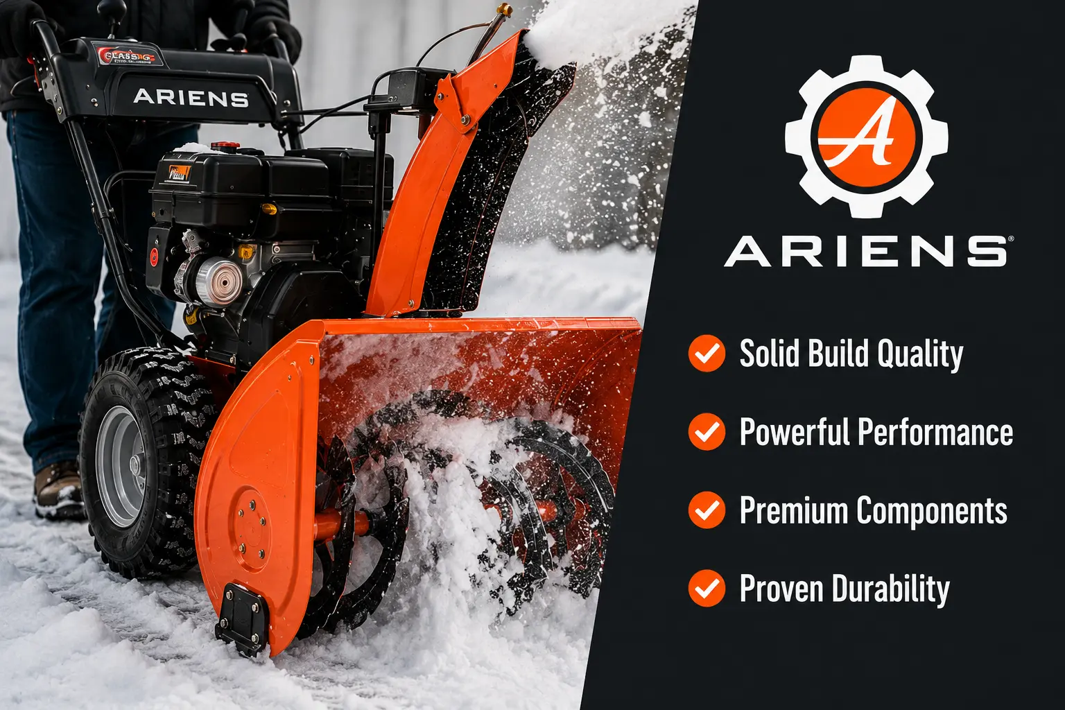 Ariens two-stage snowblower throwing snow on driveway, known for solid build and durability