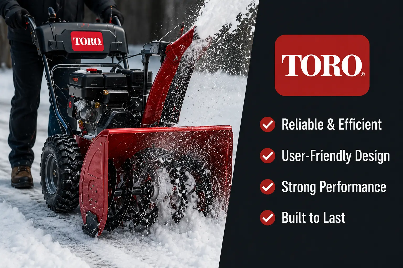 Toro two-stage snowblower clearing snow, highlighting reliable and user-friendly design