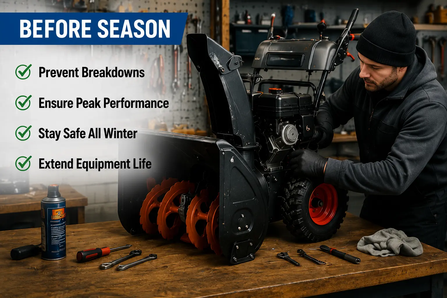 Mechanic servicing snowblower on workshop bench with tools and lubricant before winter season