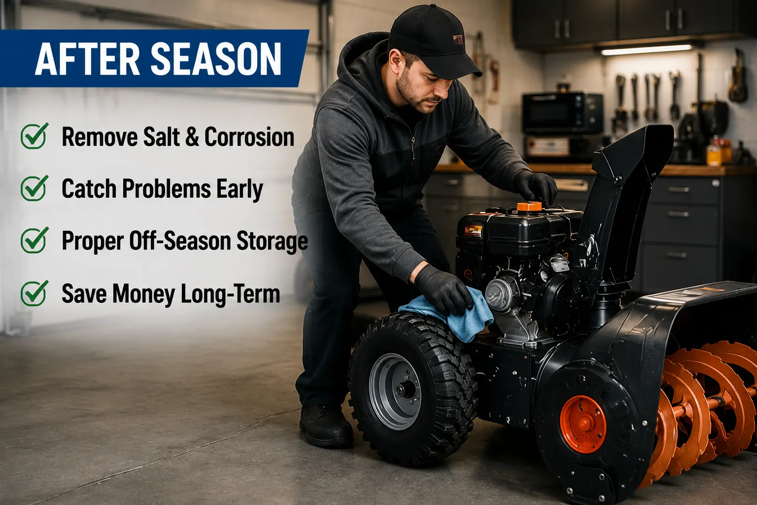 Man wiping down snowblower engine in garage during after-season storage and cleanup