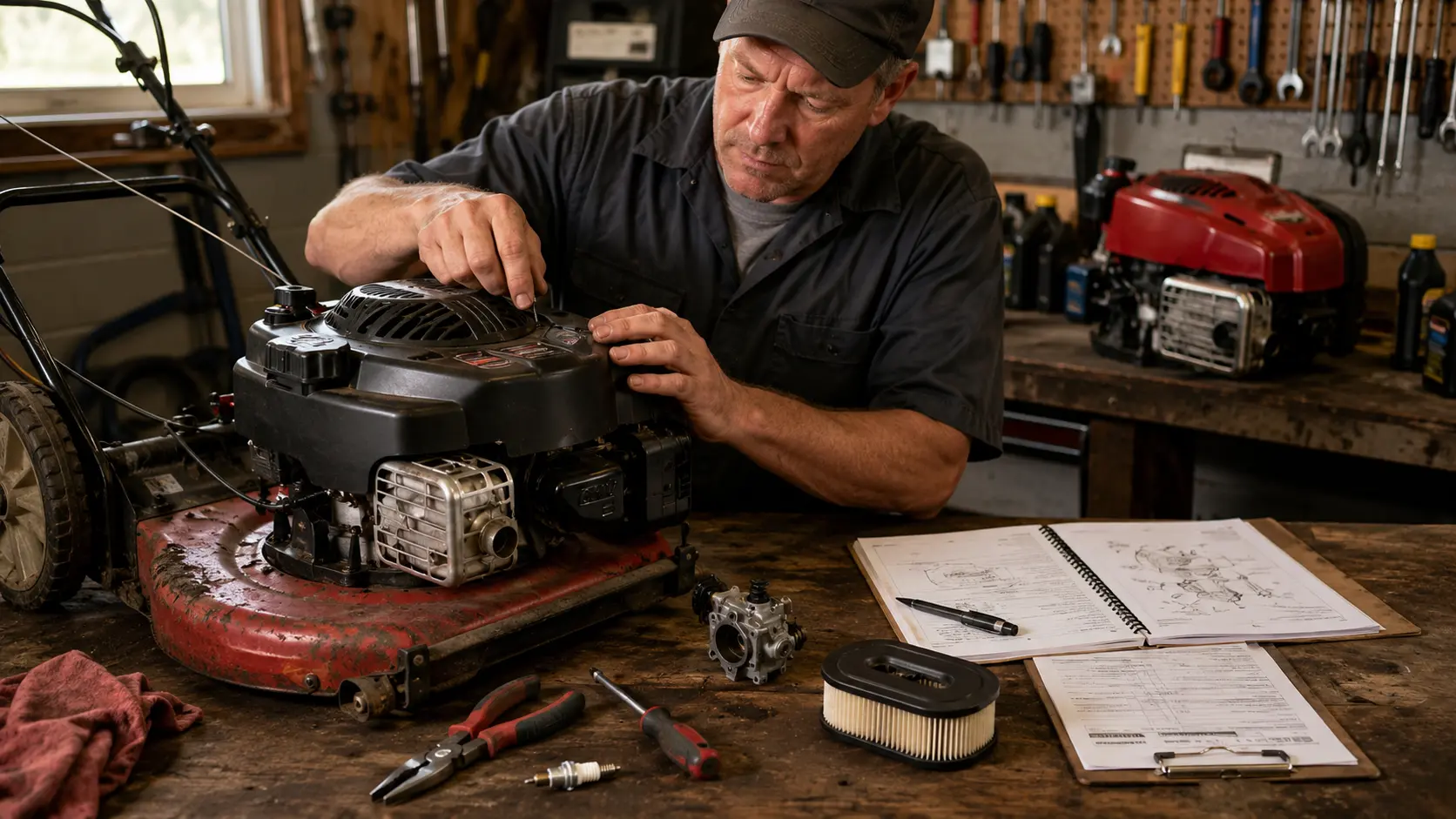 Mechanic diagnosing Briggs and Stratton engine on push mower with carburetor and service manual