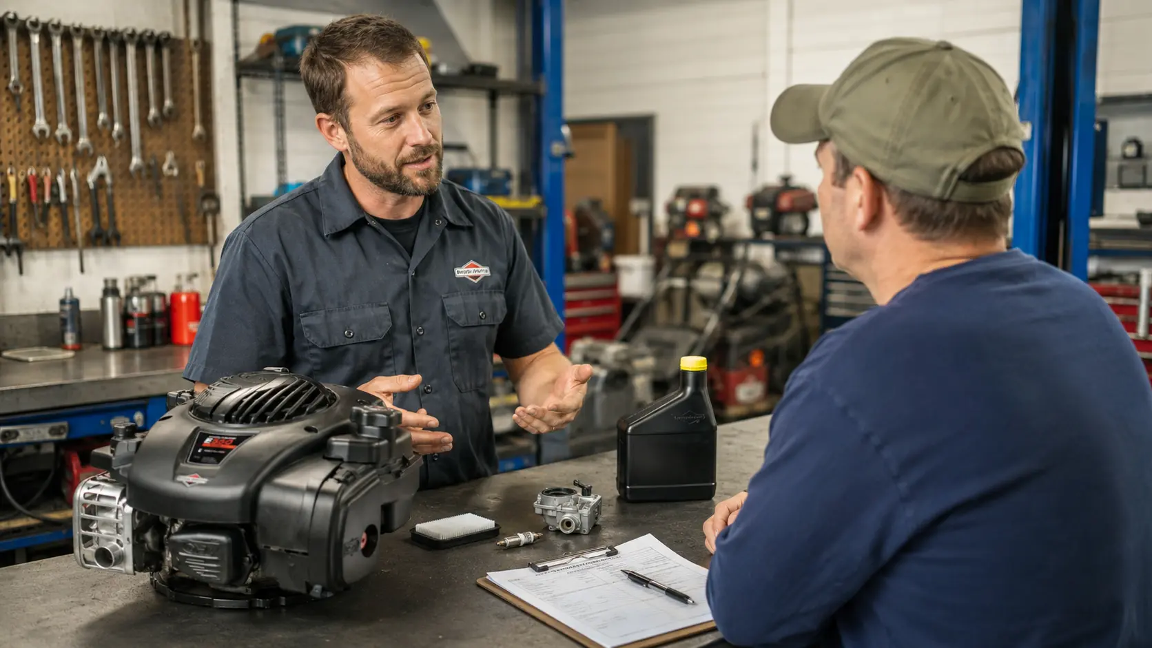 Briggs and Stratton technician reviewing repair estimate with customer at service counter