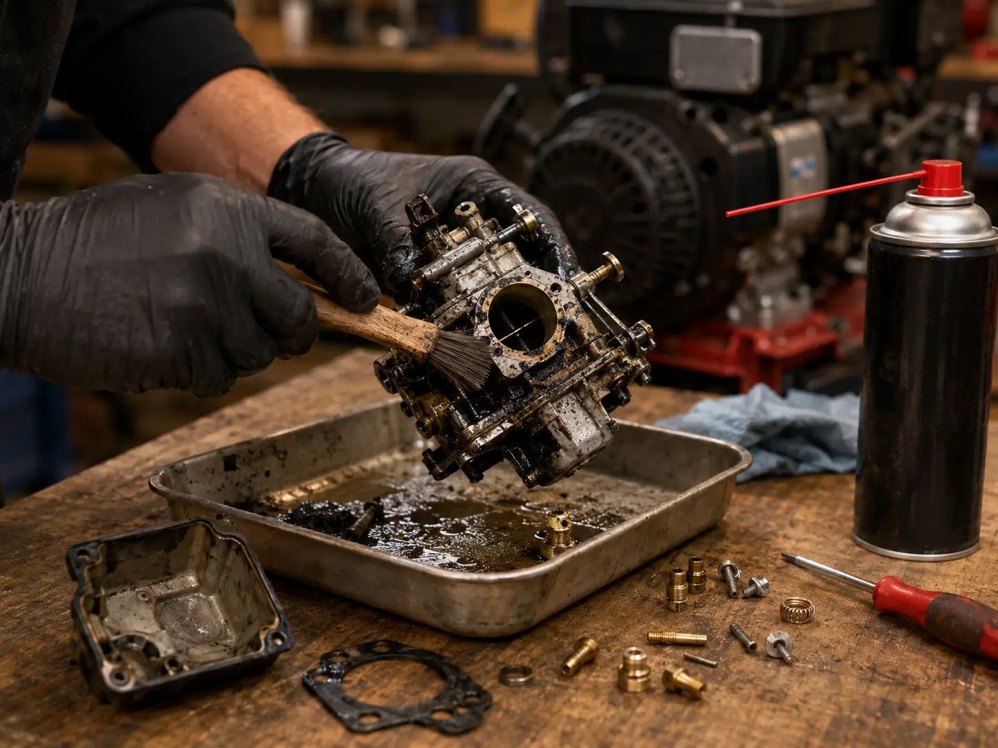 Gloved hands scrubbing a heavily varnished carburetor with brush over solvent soak tray
