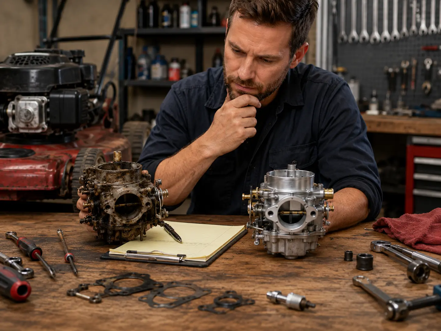 Mechanic comparing worn and new carburetor on workbench while weighing repair options