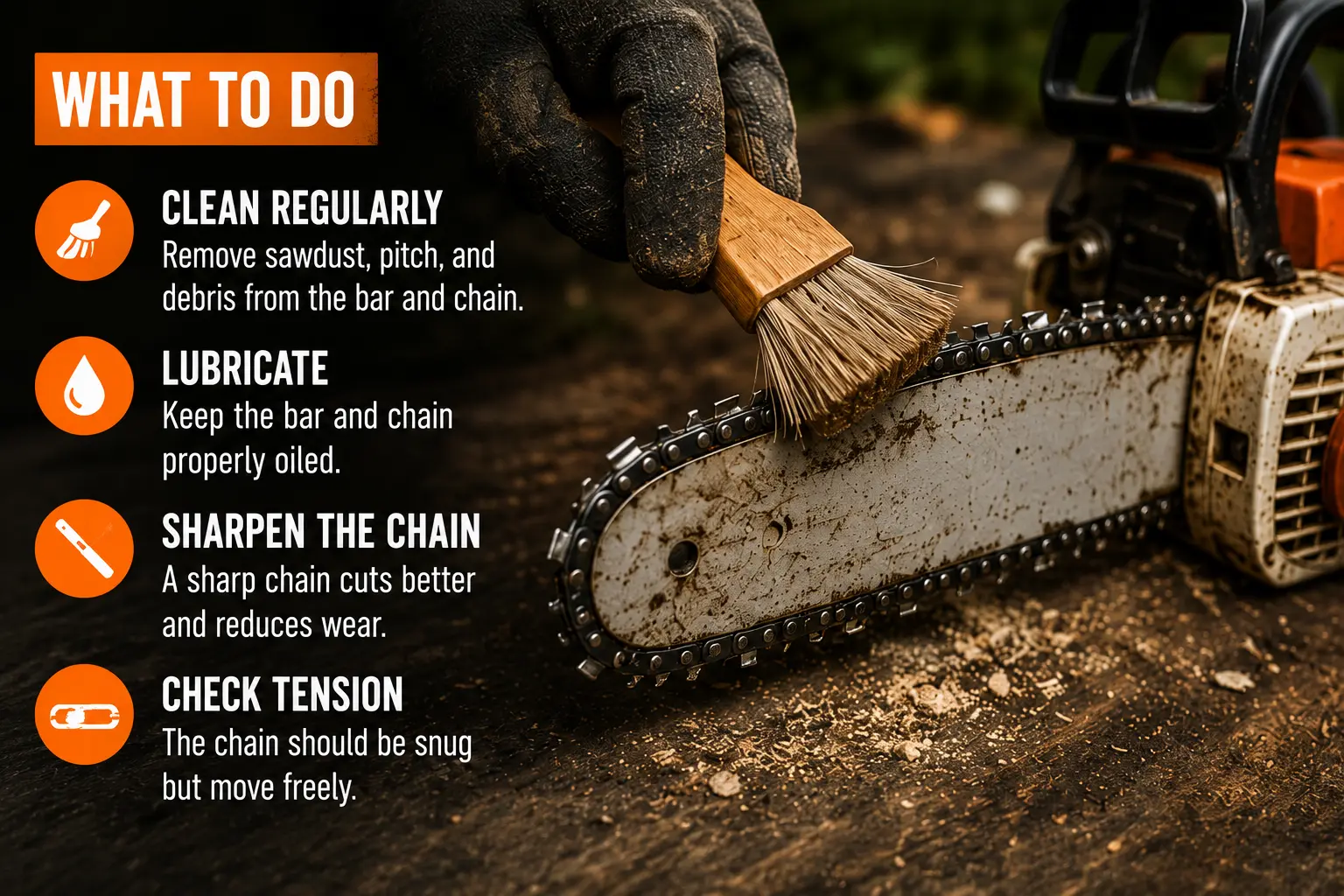 Infographic showing four chainsaw maintenance tasks: clean regularly, lubricate, sharpen the chain, and check tension