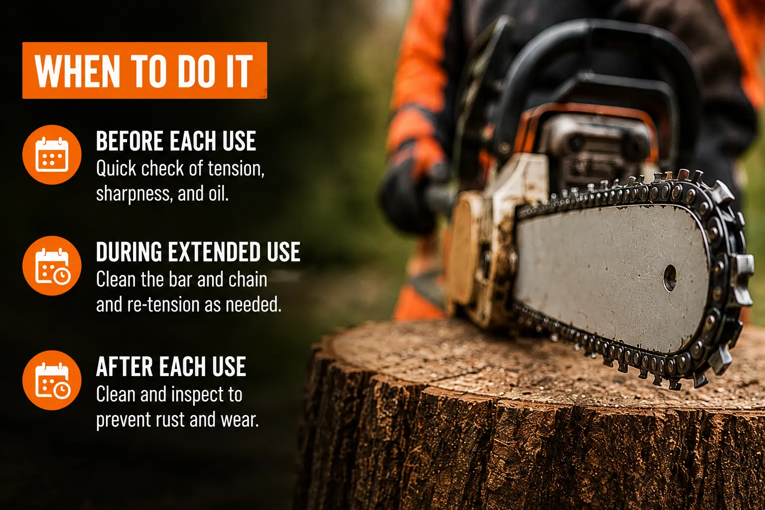 Timing guide showing when to maintain a chainsaw: before each use, during extended use, and after each use