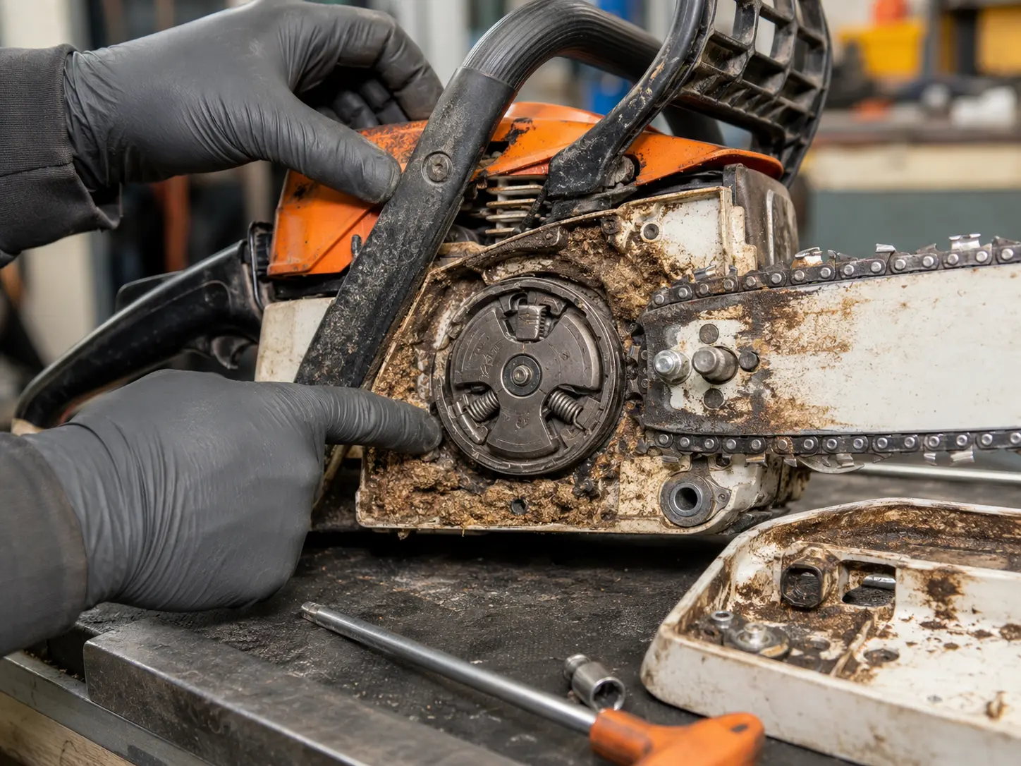 Gloved hands pointing at exposed centrifugal clutch assembly packed with sawdust on chainsaw