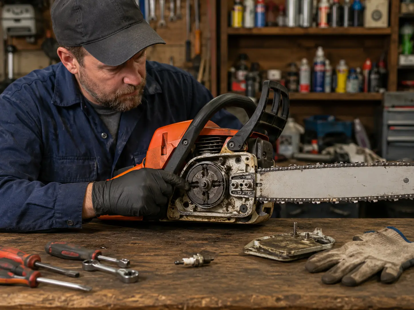 Mechanic inspecting chainsaw clutch and sprocket area with bar and chain on workbench