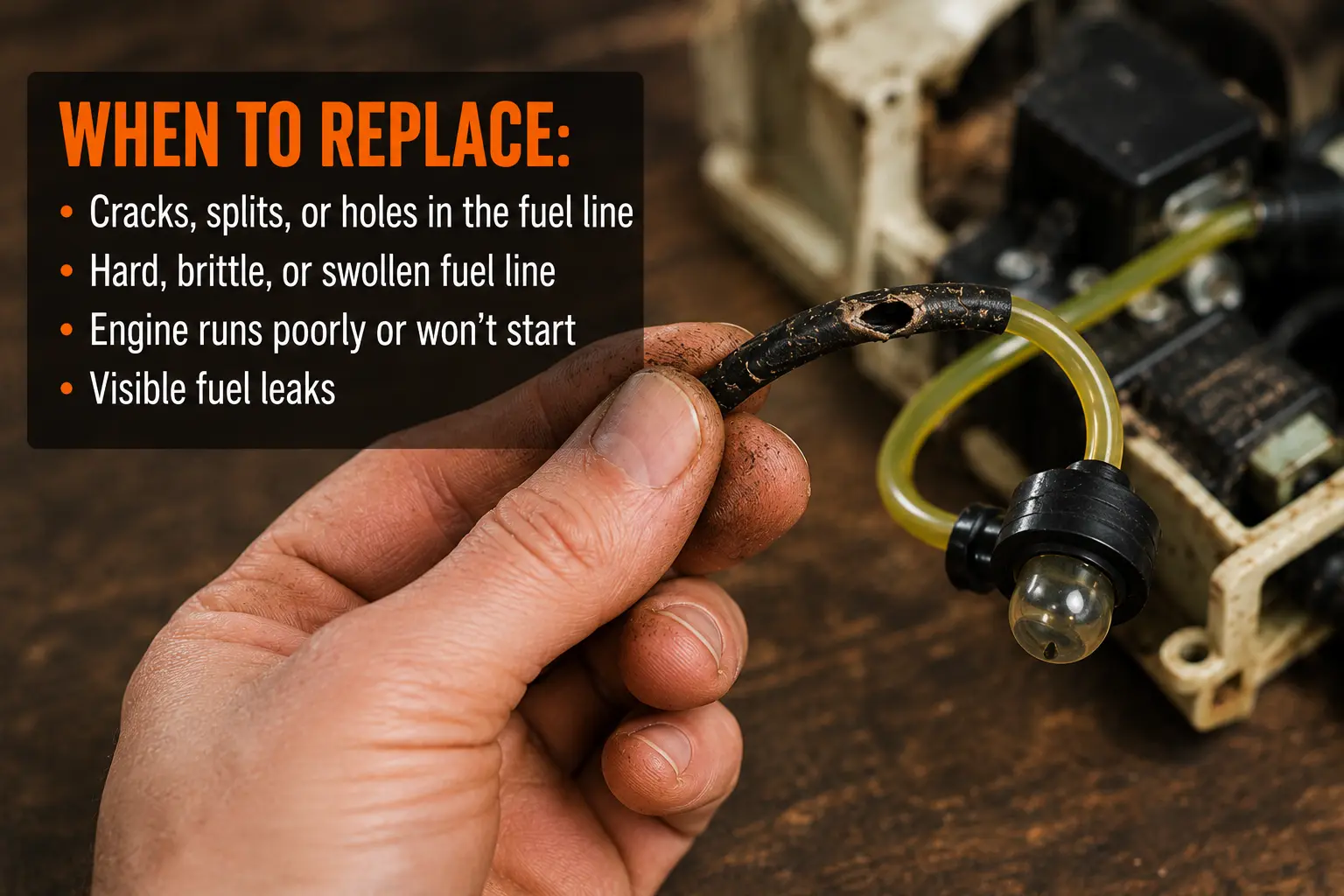 Infographic showing when to replace a chainsaw fuel line: cracks, brittleness, poor running, and visible leaks