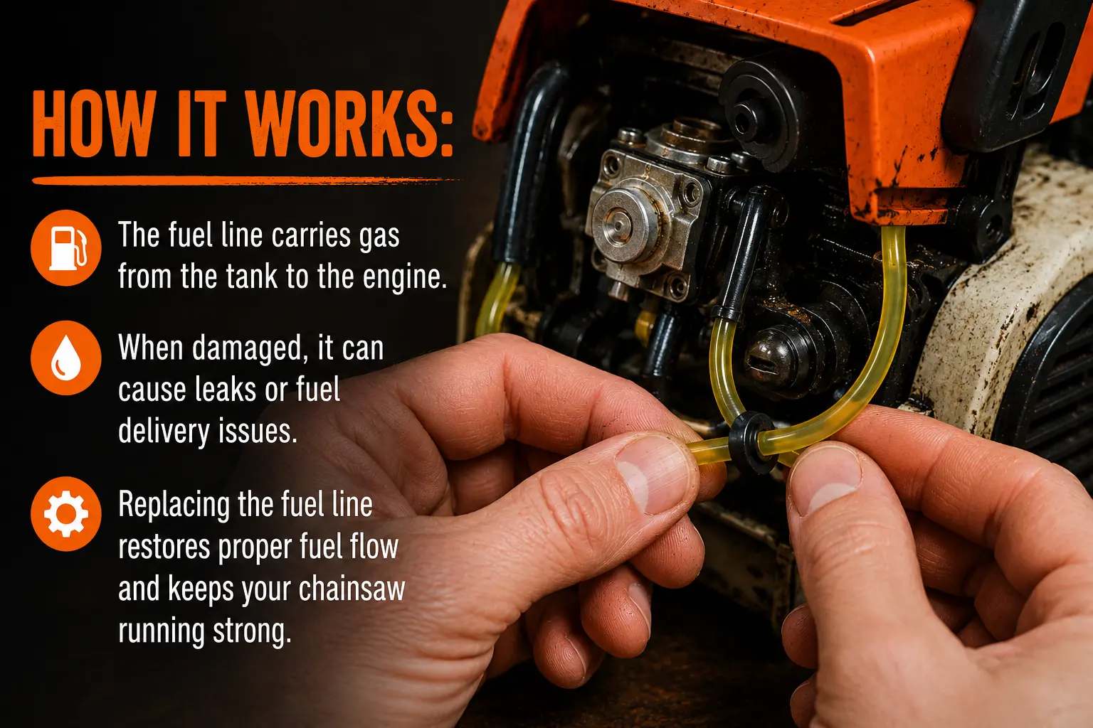 Hands routing a new yellow chainsaw fuel line into the engine compartment