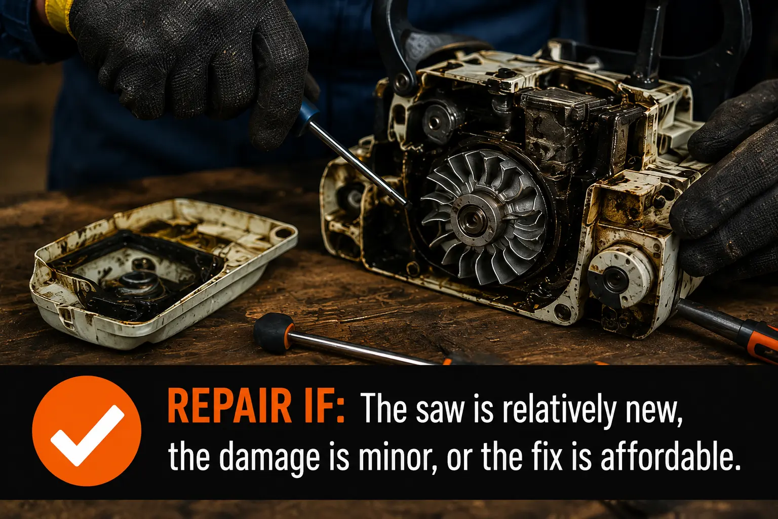 Mechanic disassembling a chainsaw engine with text: repair if the saw is new, damage is minor, or the fix is affordable