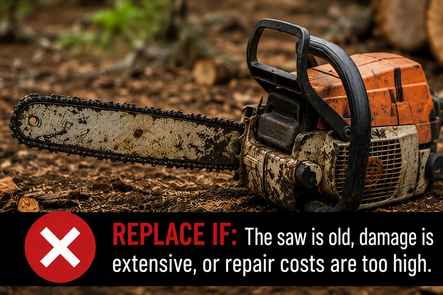 Heavily worn chainsaw lying on the ground with text: replace if the saw is old, damage is extensive, or repair costs are too high