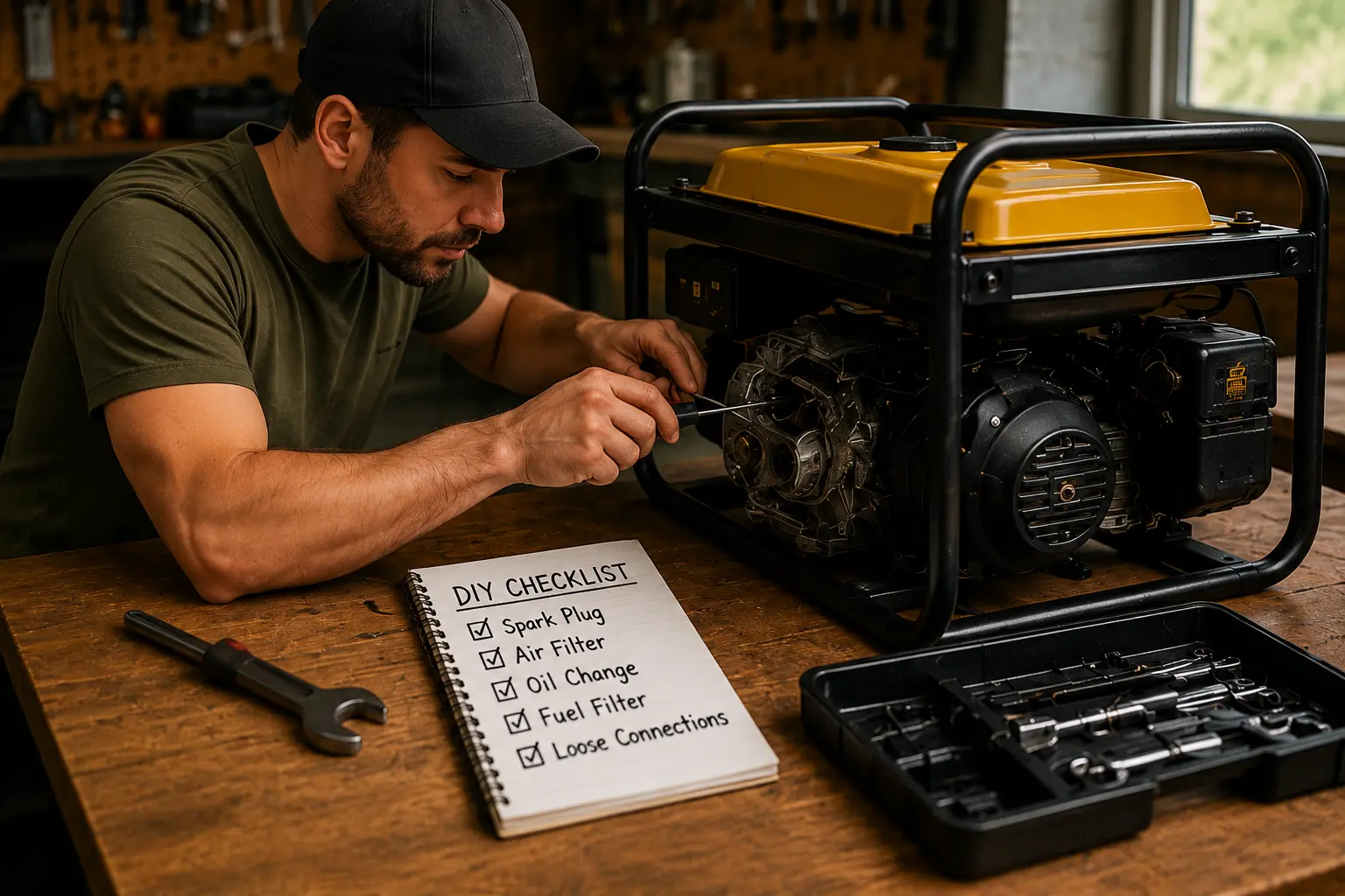 Man working on disassembled generator engine with DIY checklist notebook on workbench