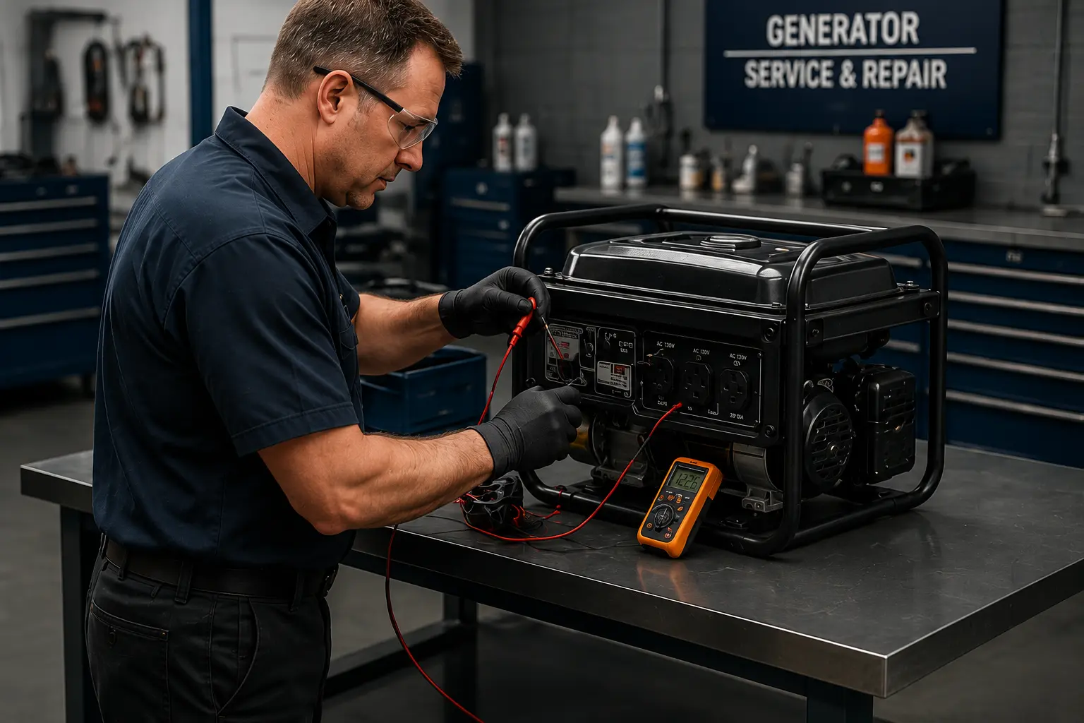 Professional technician using multimeter to diagnose generator at service and repair shop