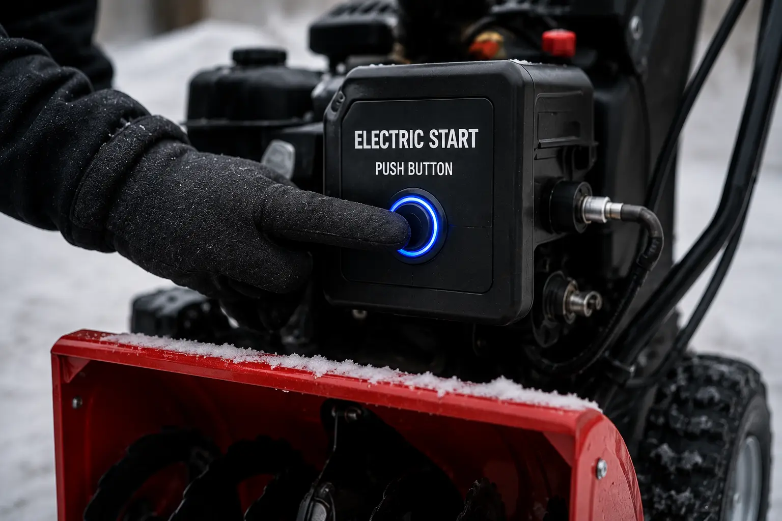 Gloved hand pressing an illuminated blue electric start push button on a snowblower in winter