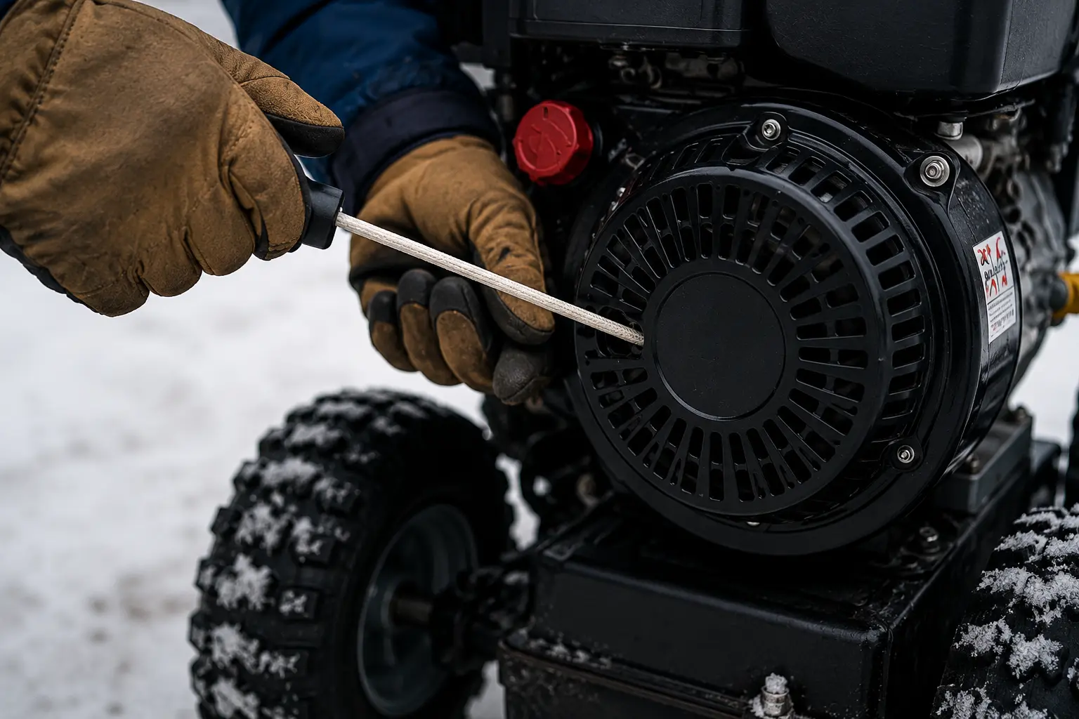 Gloved hands pulling the recoil starter cord on a snowblower engine outdoors in snow