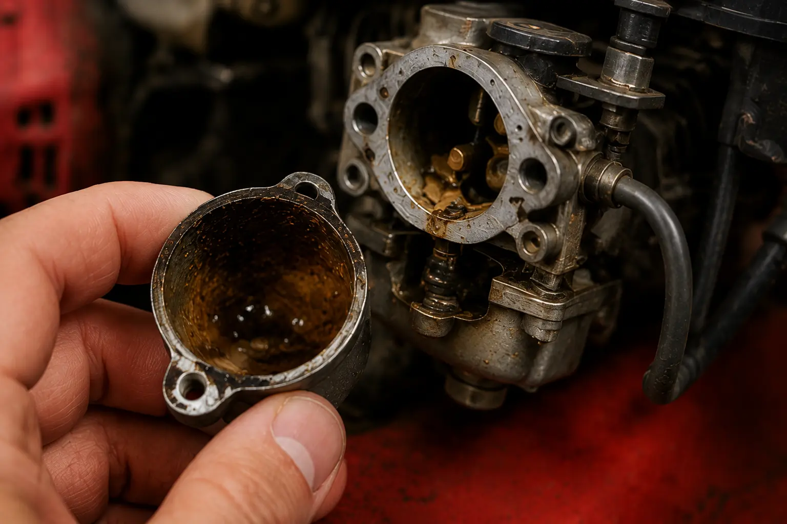 Hand holding a carburetor float bowl coated in dark brown varnish from ethanol fuel degradation