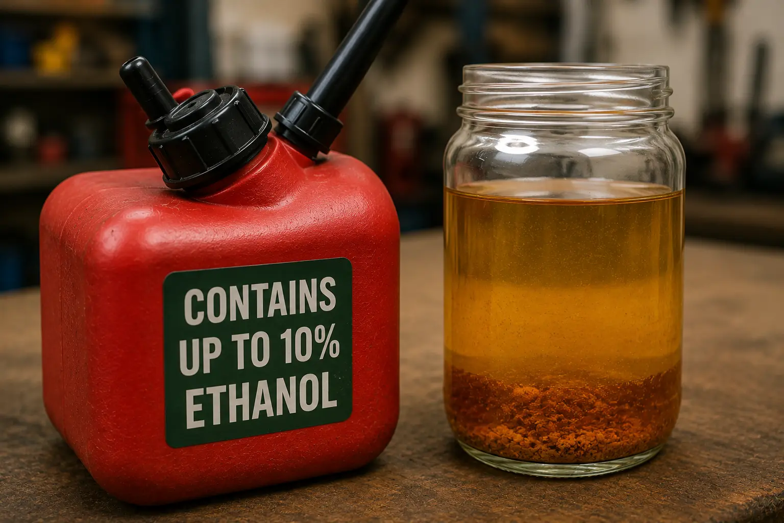 Red gas can labeled Contains Up to 10% Ethanol next to a jar showing phase-separated fuel with rust-colored sediment