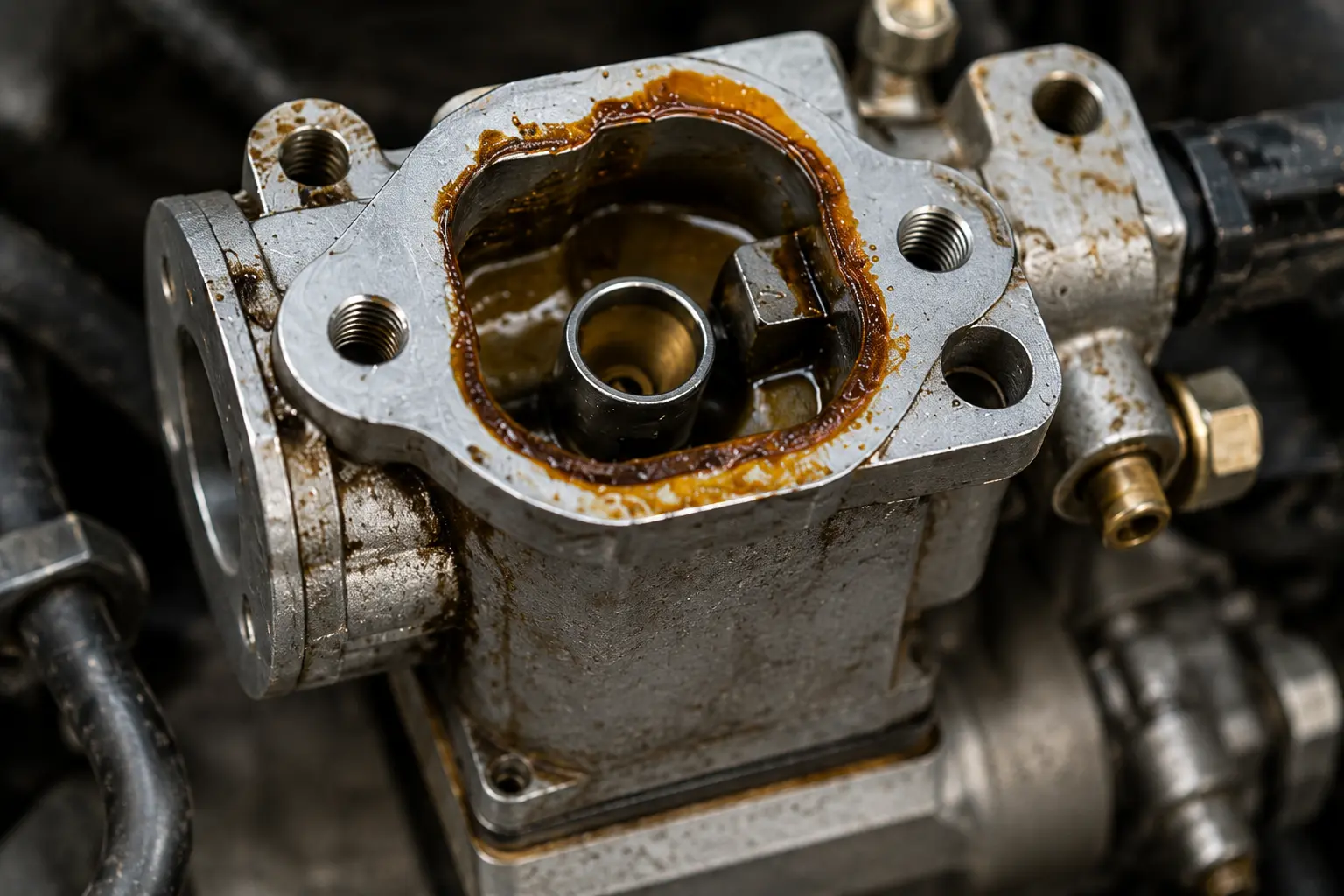 Close-up of a carburetor bowl coated in thick brown varnish from ethanol fuel degradation