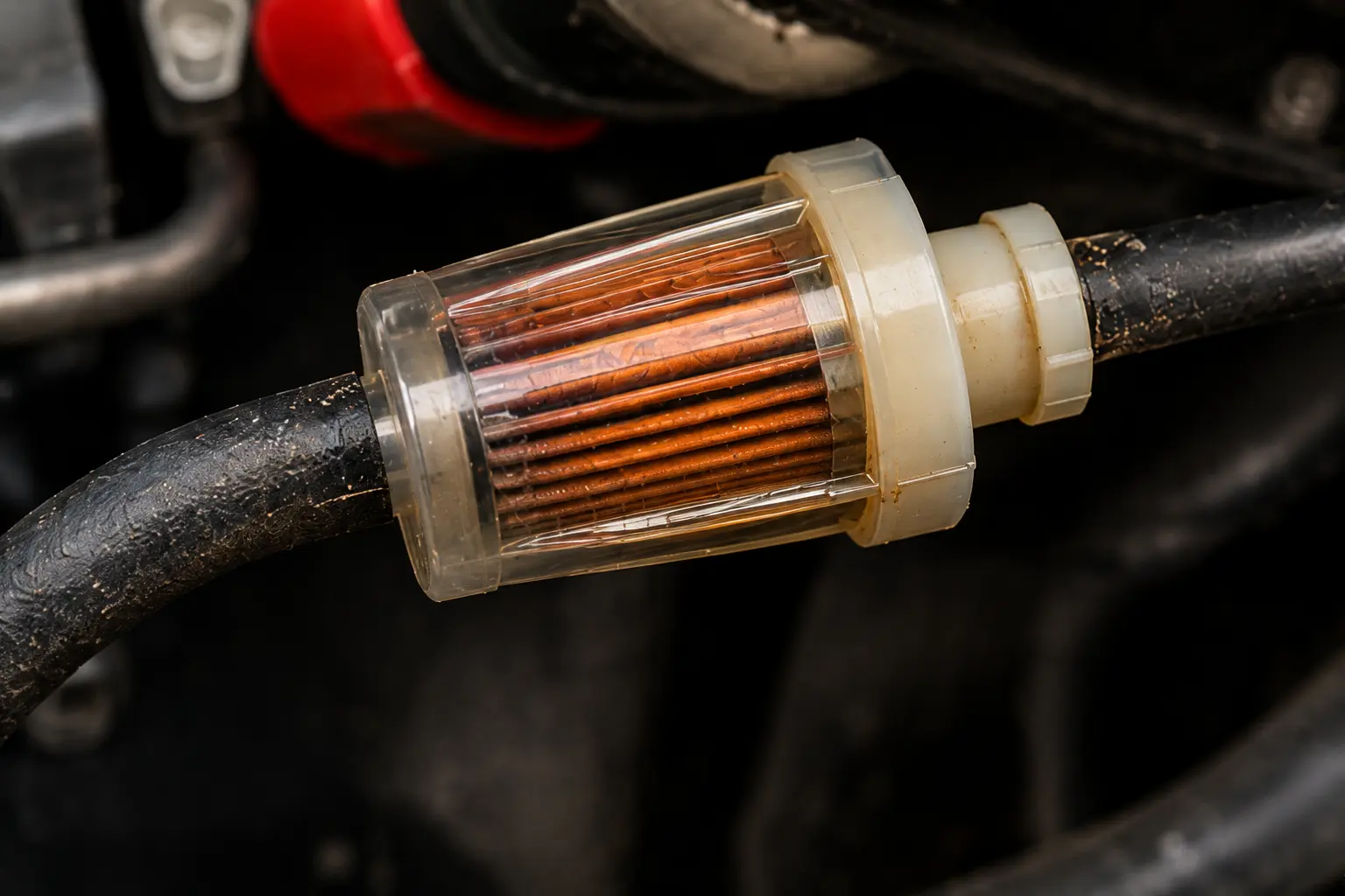 Fuel filter clogged with rust-colored deposits from ethanol-blended gasoline breaking down over storage