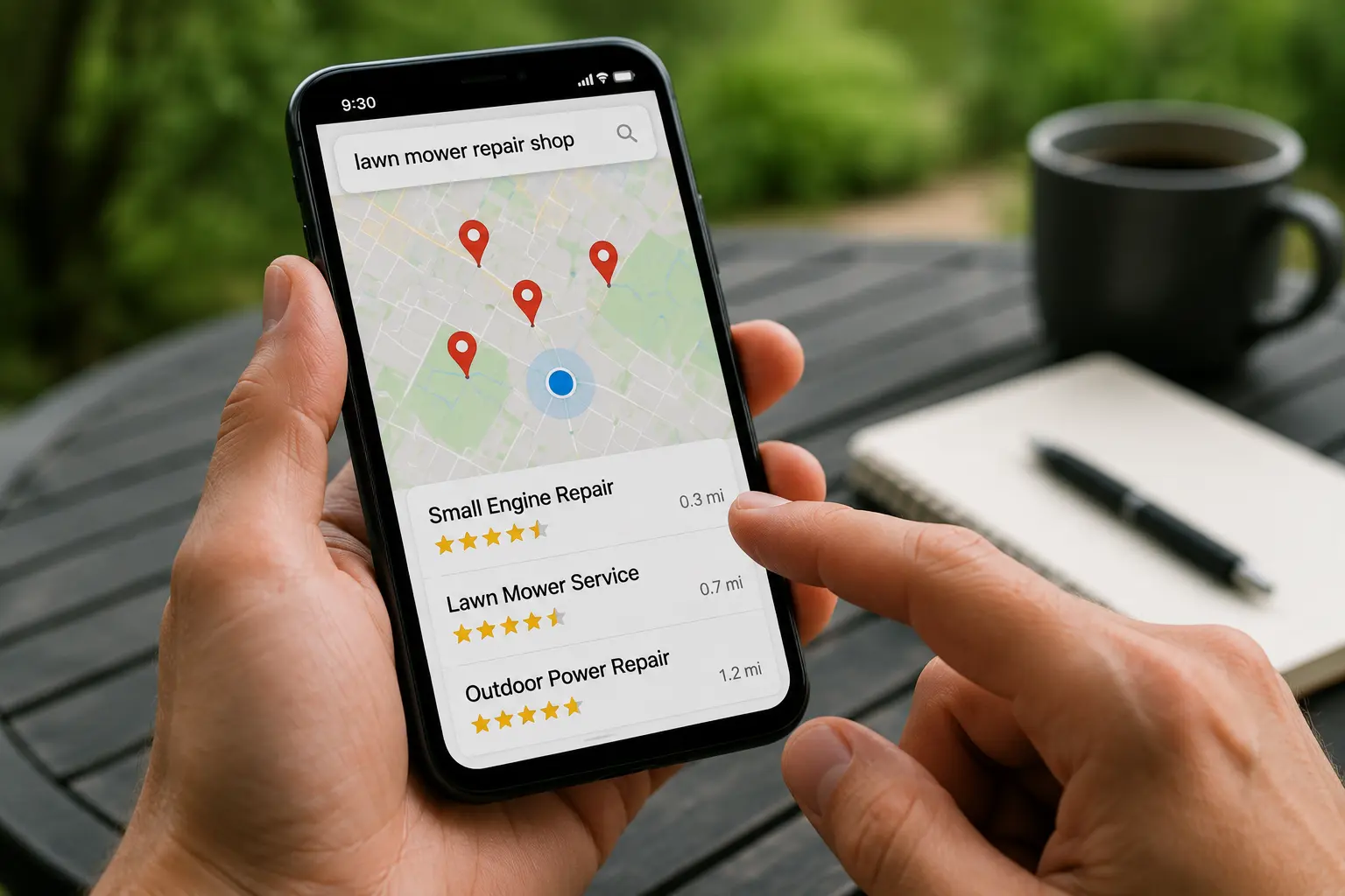 Phone displaying a map search for lawn mower repair shops nearby with star ratings and distances