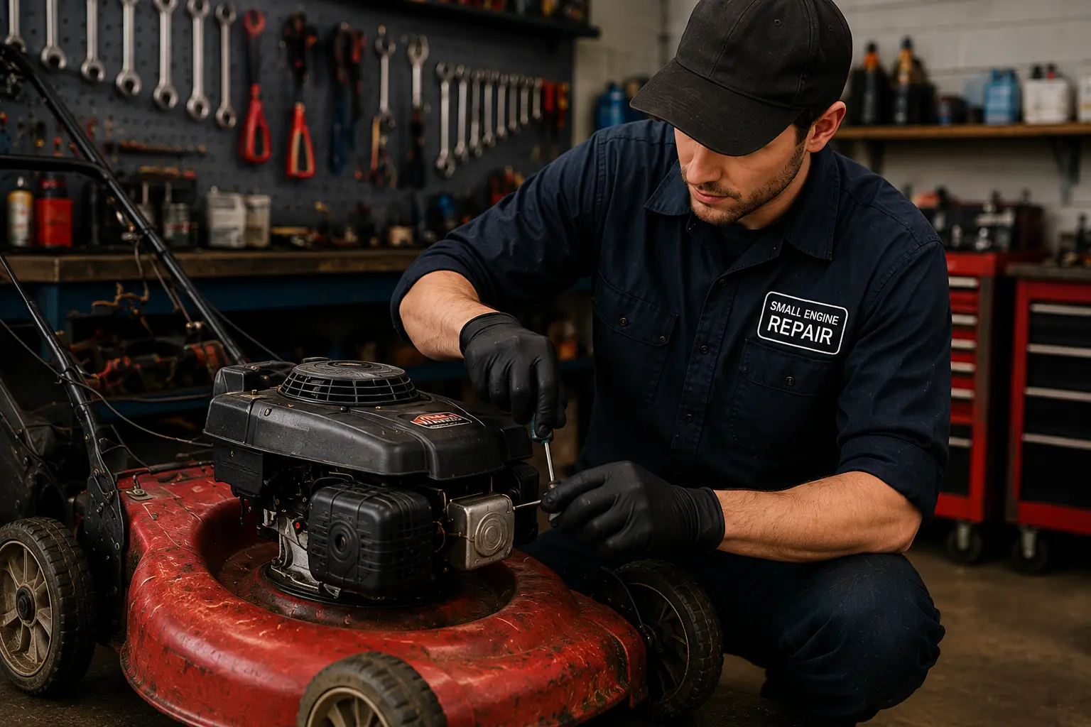 Small engine repair technician in uniform servicing a red lawn mower in a fully equipped workshop