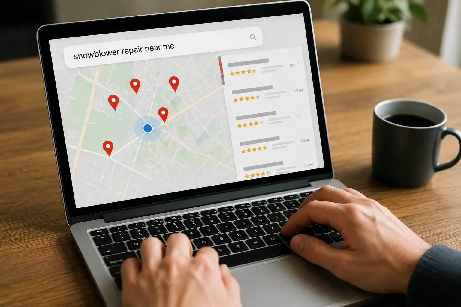 Laptop showing a map search for snowblower repair near me with nearby shops rated by stars and distance