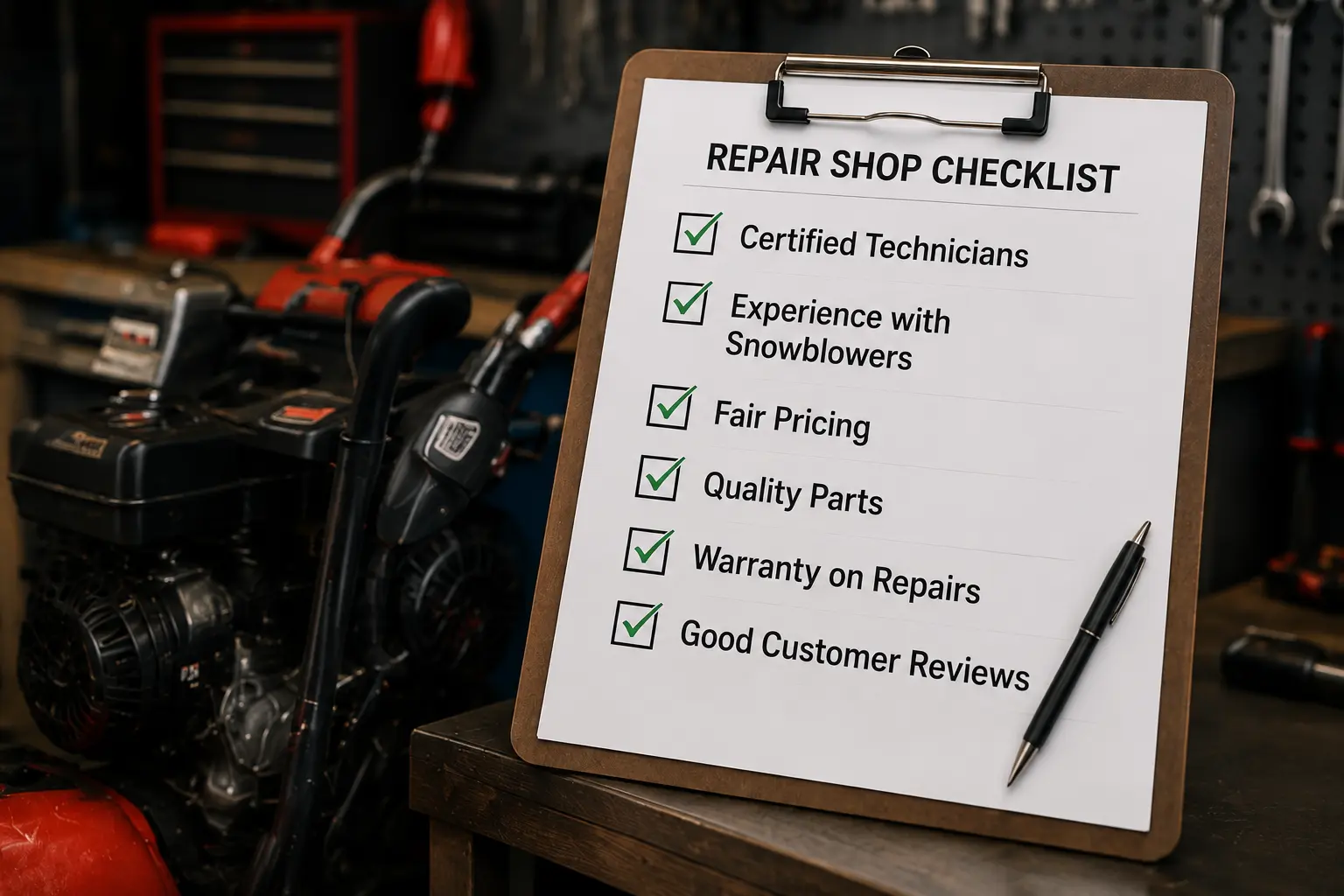 Clipboard in a repair shop listing a checklist: certified technicians, snowblower experience, fair pricing, quality parts, warranty, good reviews
