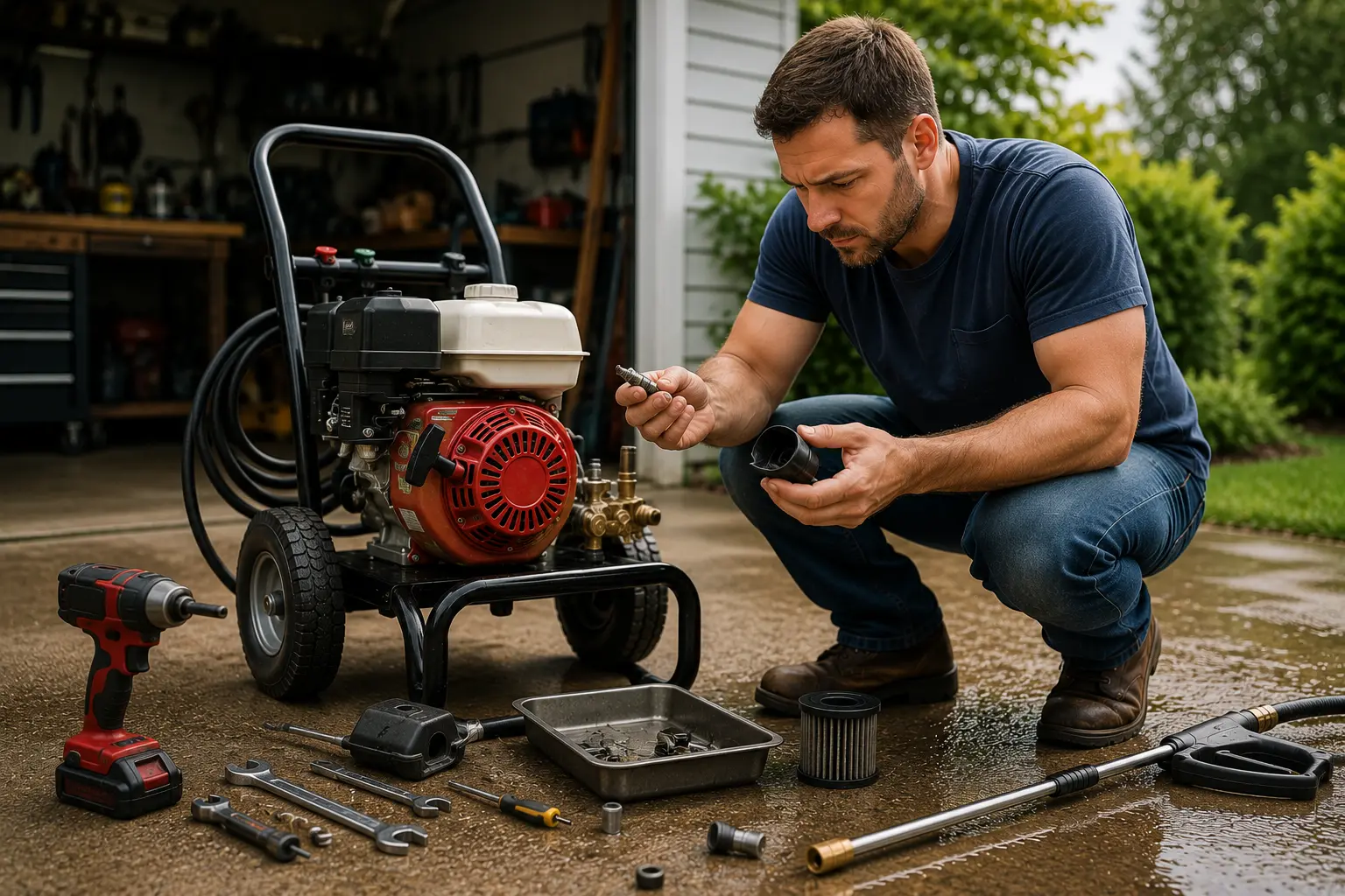 Man crouching next to a gas pressure washer on a driveway, examining removed parts and components with tools laid out around him