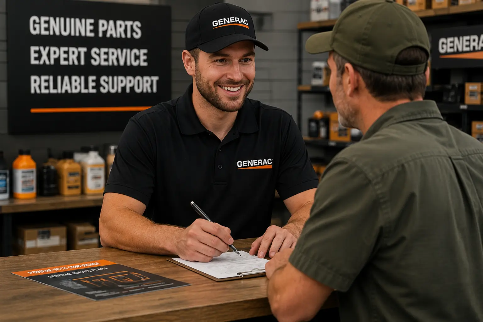 Generac authorized dealer writing up service order for customer at parts counter
