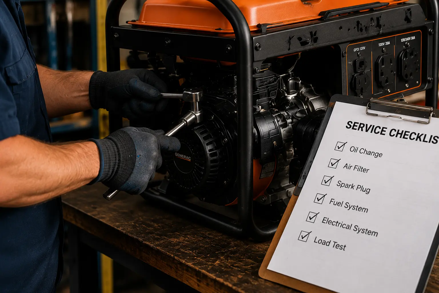 Technician servicing Generac generator engine at workbench with completed service checklist on clipboard