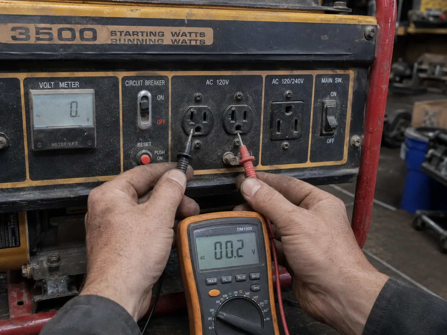 Hands testing generator AC outlet with multimeter reading near zero volts and circuit breaker in off position