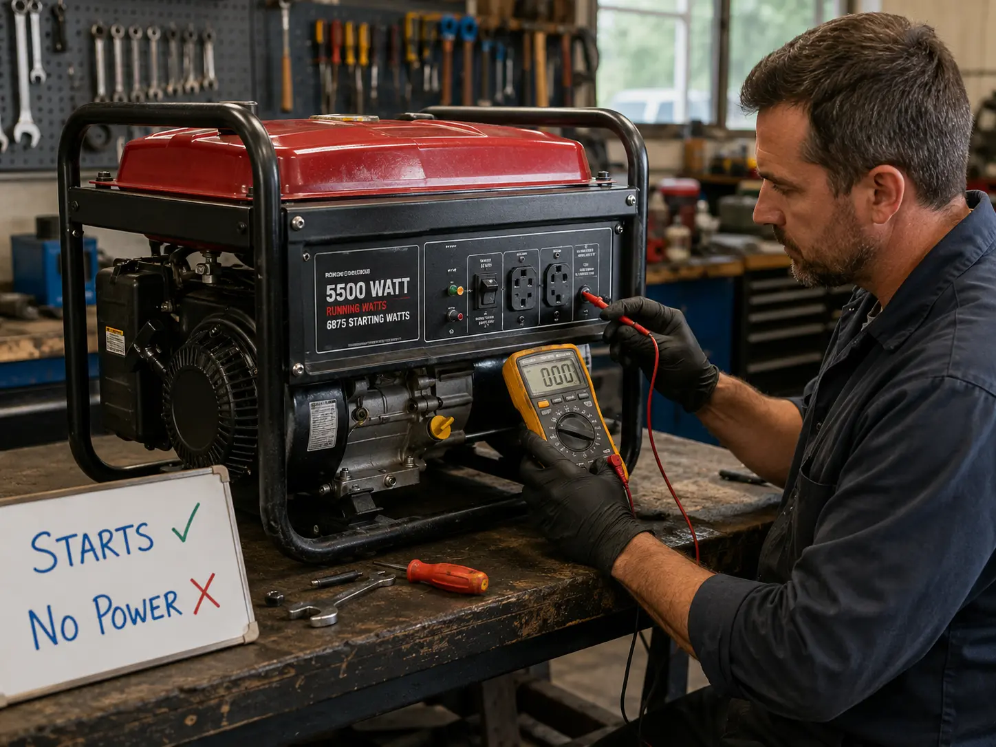 Mechanic testing generator output with multimeter beside a starts but no power diagnostic sign