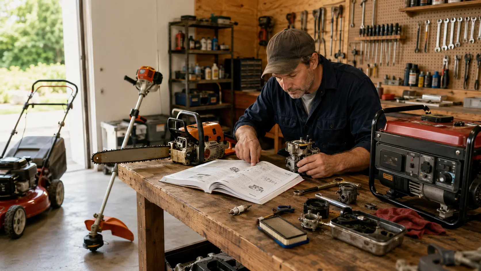 Small engine repair mechanic consulting a service manual while working on a carburetor in a workshop