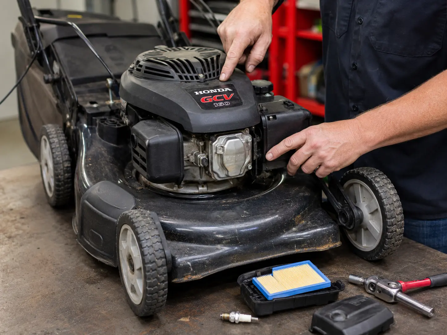 Hands working on Honda GCV160 engine with air filter, spark plug, and tools on a shop floor