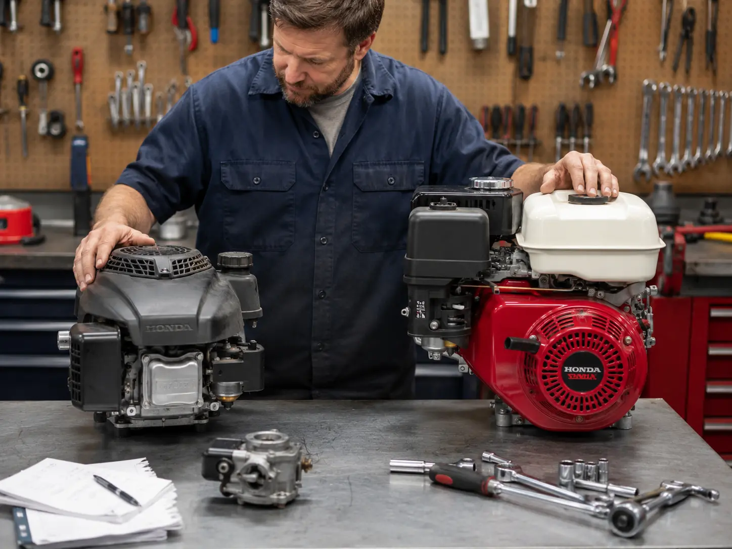 Mechanic comparing Honda vertical and horizontal small engine models side by side on a repair workbench