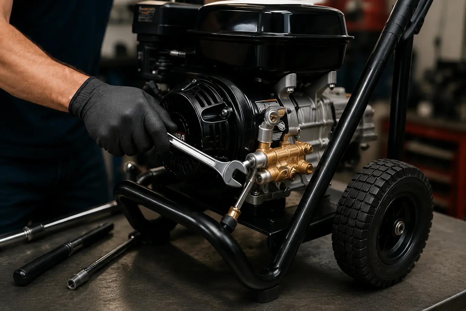 Technician servicing a Honda pressure washer pump with a wrench in a repair shop