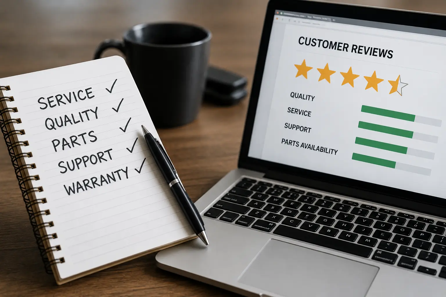 Notebook checklist of service criteria beside a laptop showing customer review ratings for quality, service, and parts availability