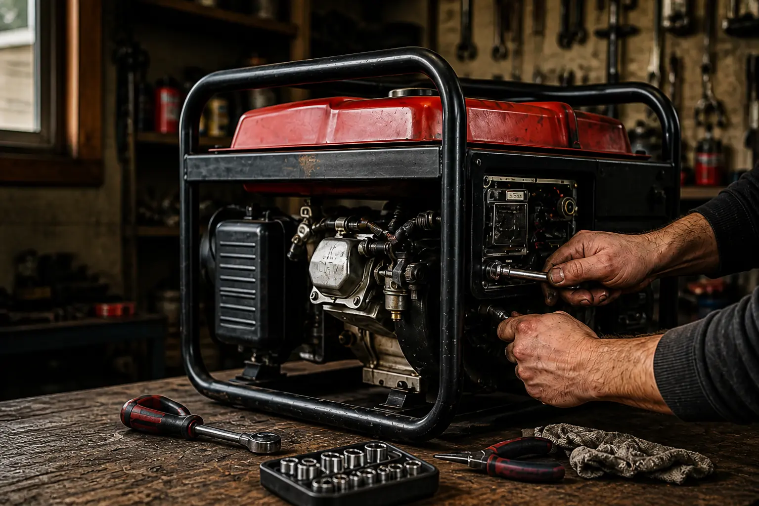 Mechanic using a wrench to service an open portable generator engine in a repair shop