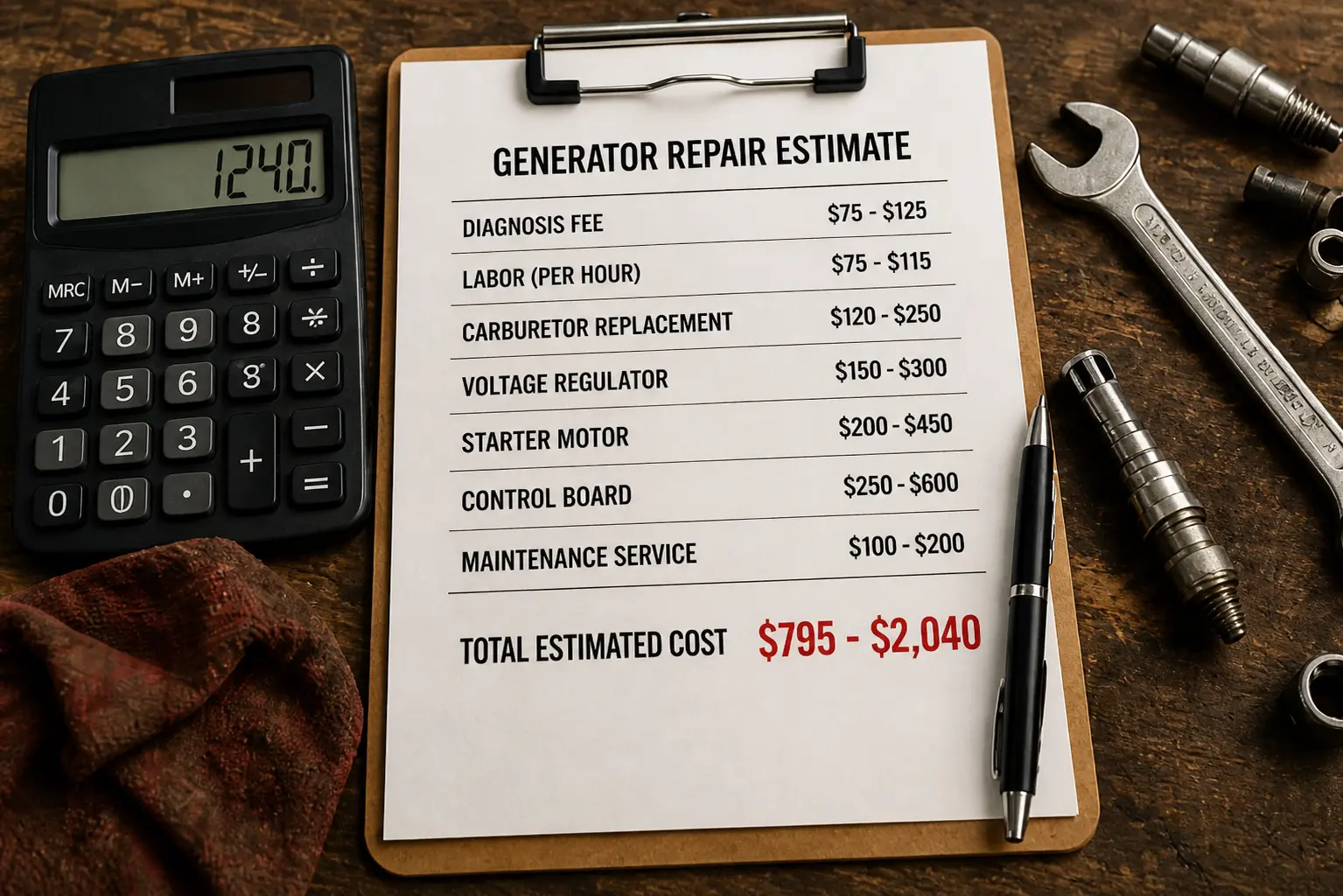 Generator repair estimate clipboard with cost breakdown and calculator showing itemized repair prices