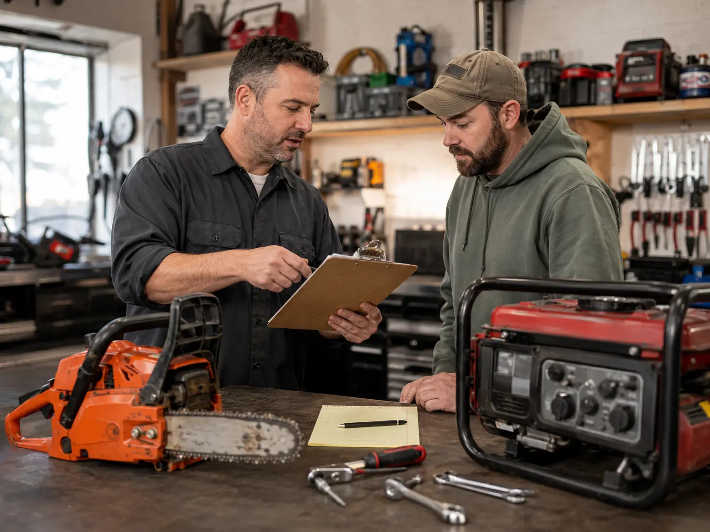 Mechanic reviewing repair estimate on clipboard with customer in small engine repair shop