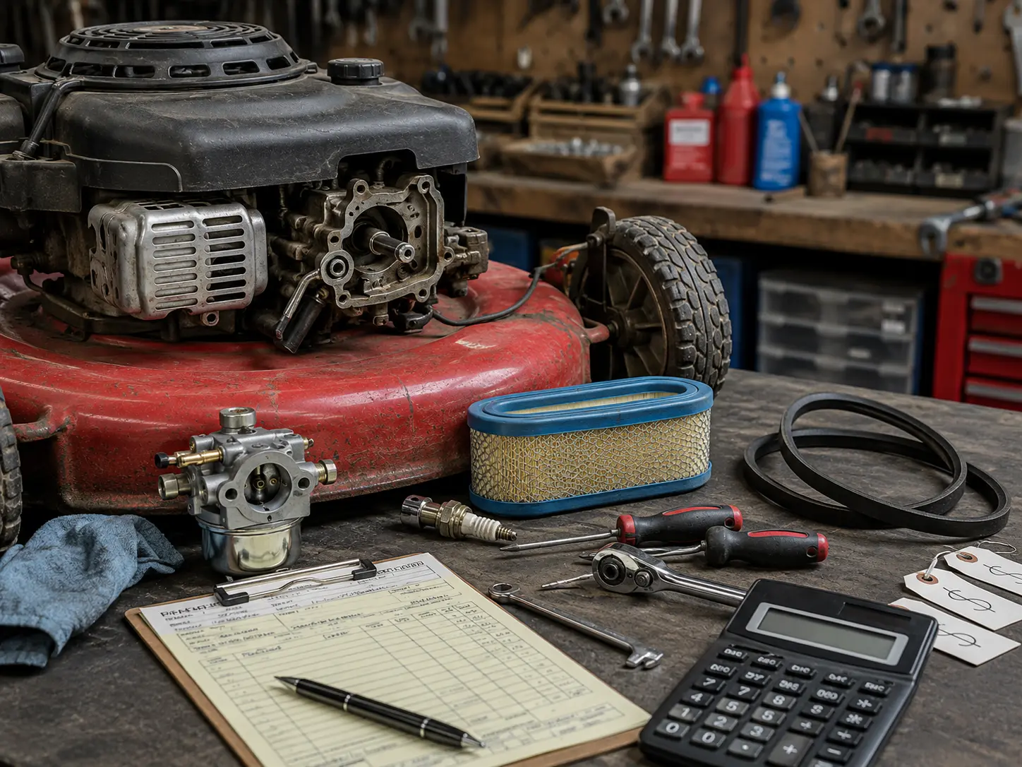 Lawn mower engine disassembled on workbench with carburetor, air filter, drive belt, and repair invoice