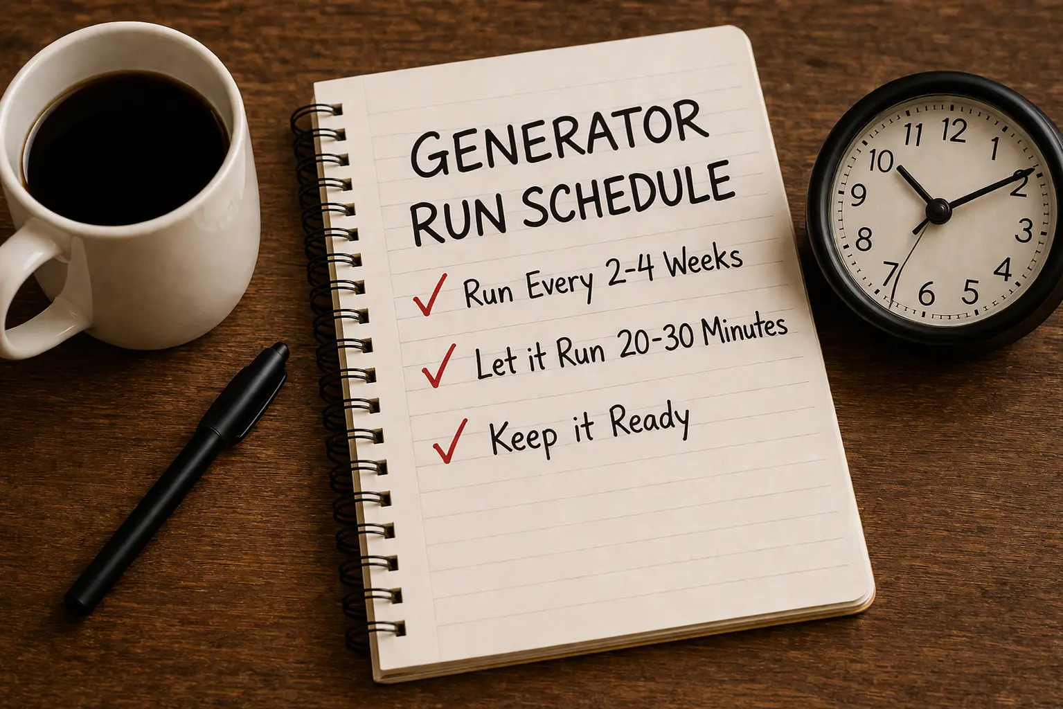 Notebook showing generator run schedule checklist: run every 2-4 weeks, let it run 20-30 minutes, keep it ready