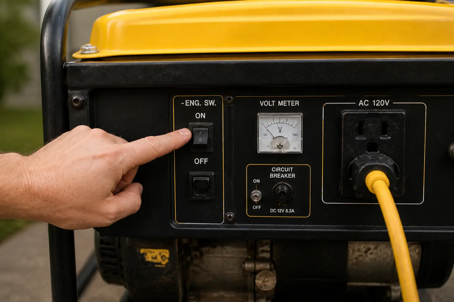 Hand pointing at engine ON switch on generator control panel with volt meter and circuit breaker visible