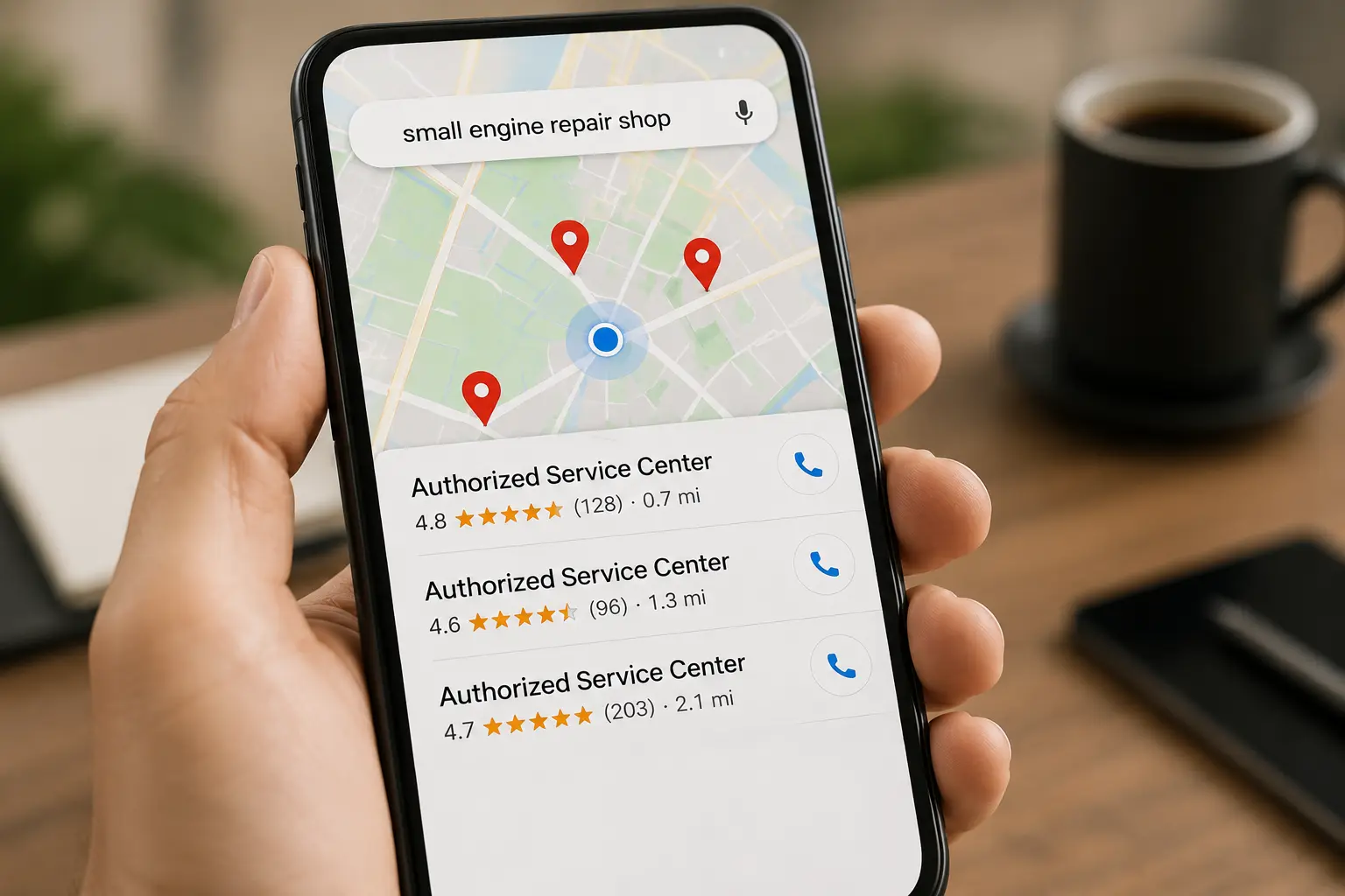 Phone showing map search results for small engine repair shop with three authorized service centers rated 4.6 to 4.8 stars