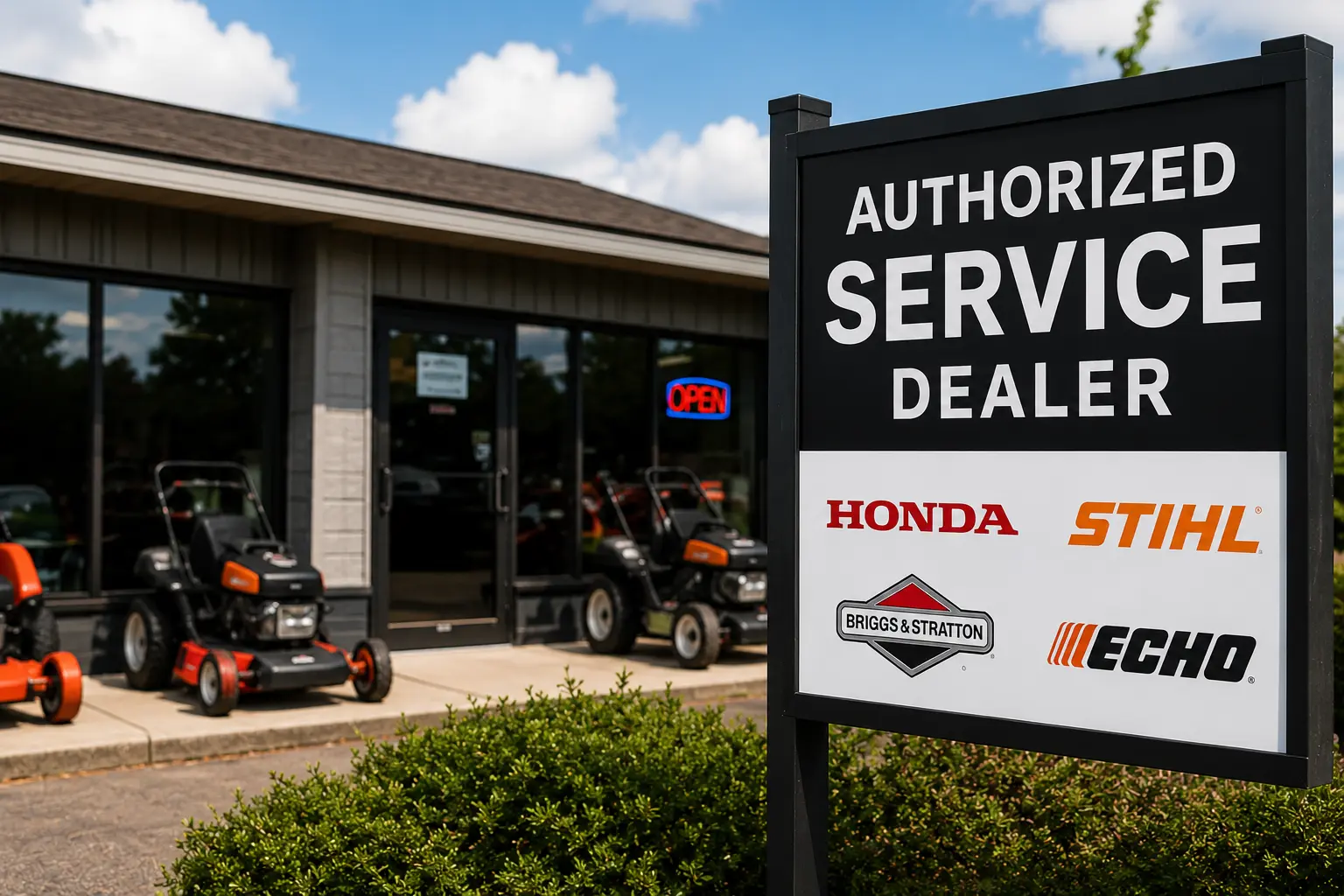 Authorized Service Dealer sign outside a shop showing Honda, Stihl, Briggs and Stratton, and Echo brand logos