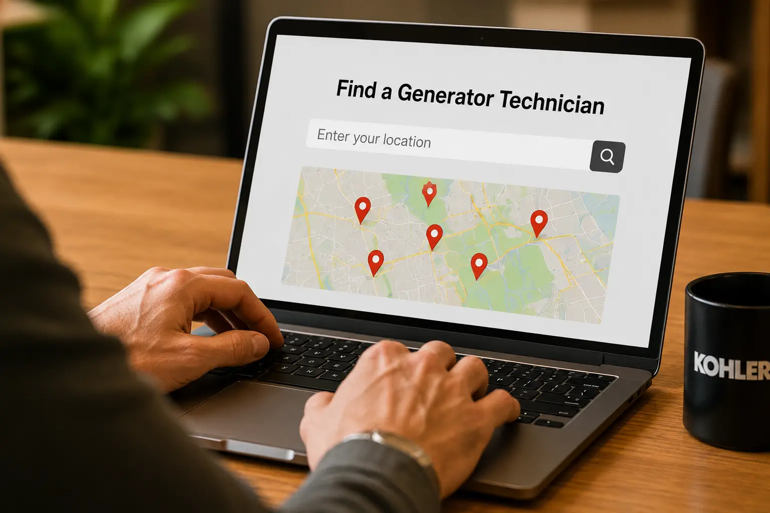 Person at laptop searching for generator technician on map with service location pins visible
